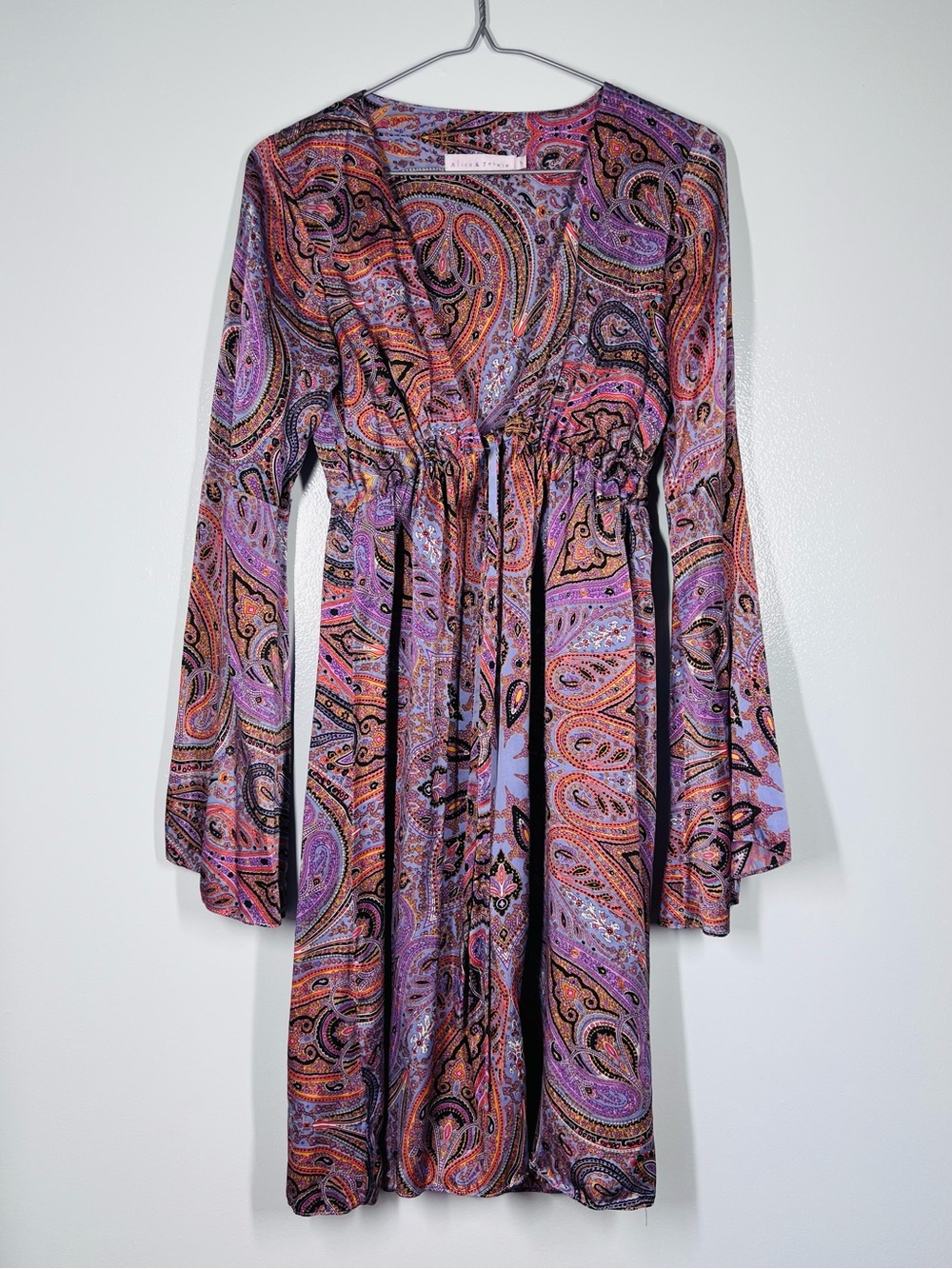 Alex & Trixie 100% Silk Bell Sleeve Deep Vee Mini Dress Size S